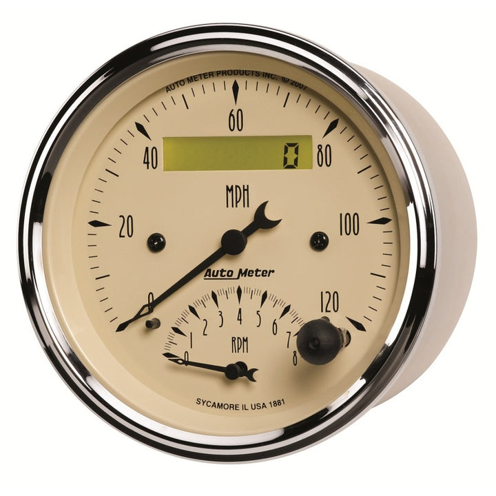 AutoMeter Gauge Tach/Speedo 3-3/8in. 120MPH & 8K RPM Elec. Program. Antq Beige