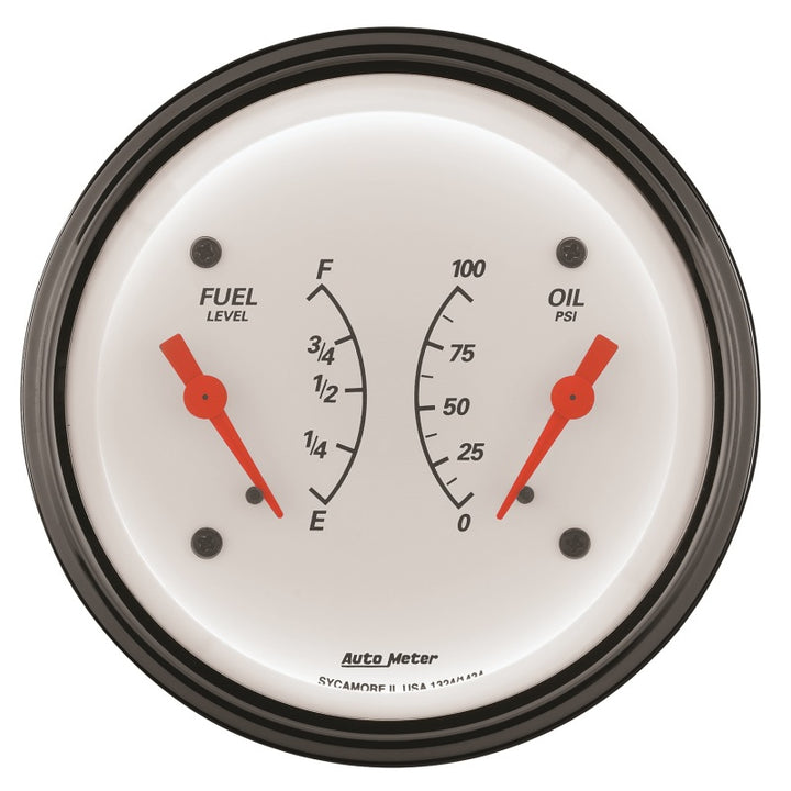 AutoMeter Gauge Dual Fuel & Oilp 3-3/8in. 240 Ohm(e) to 33 Ohm(f) & 100PSI Elec Arctic White