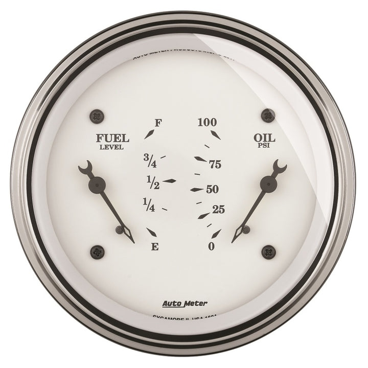 AutoMeter Gauge Dual Fuel & Oilp 3-3/8in. 240 Ohm(e) to 33 Ohm(f) & 100PSI Elec Old Tyme Wht