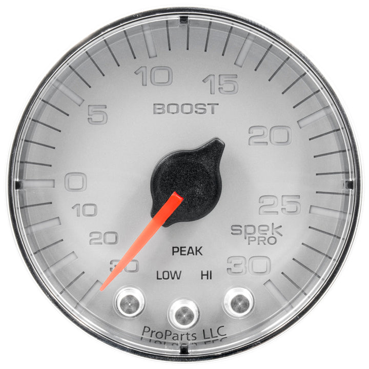 Autometer Spek-Pro Gauge Vac/Boost 2 1/16in 30Inhg-30psi Stepper Motor W/Peak & WarnSilver/Chrome