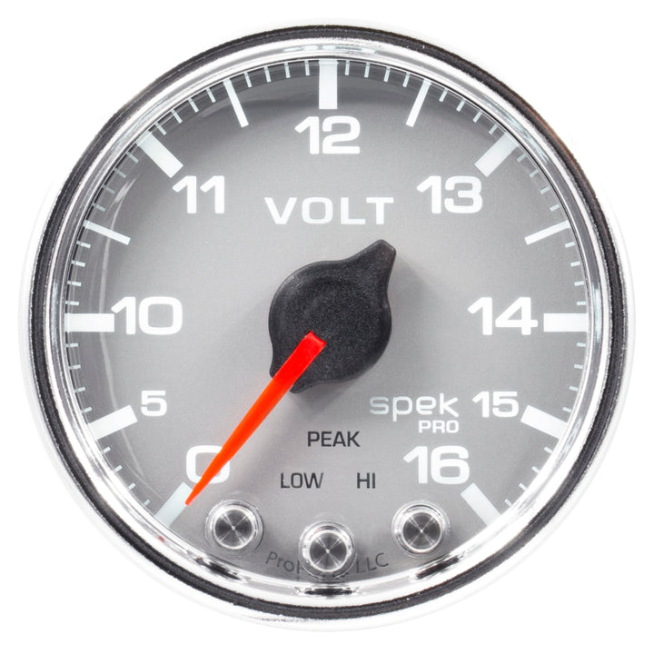 Autometer Spek-Pro Gauge Voltmeter 2 1/16in 16V Stepper Motor W/Peak & Warn Slvr/Chrm